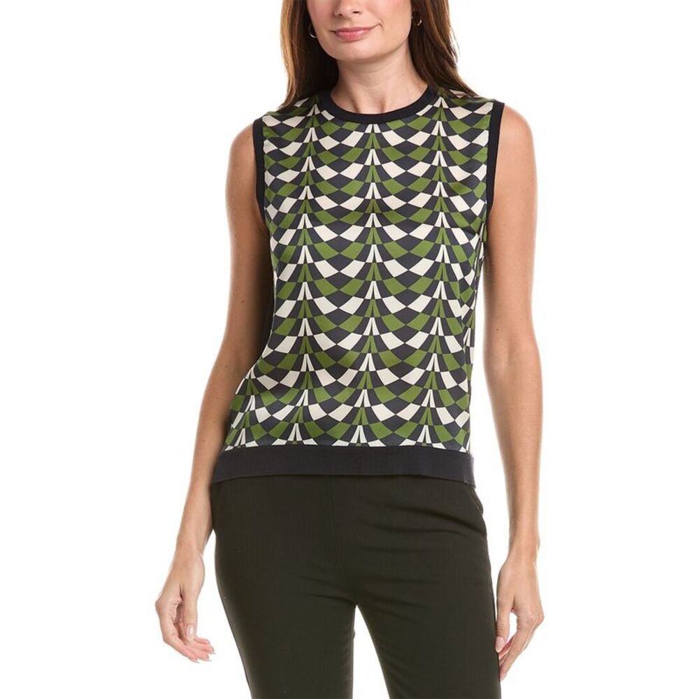 Oscar De La Renta Womens  Geo Print Silk-Blend Insert Tank, Green